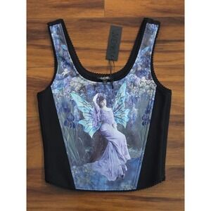 Widow- Dolls Kill Fairy Graphic Corset Tank Top Black Purple Lace Trim Large NEW